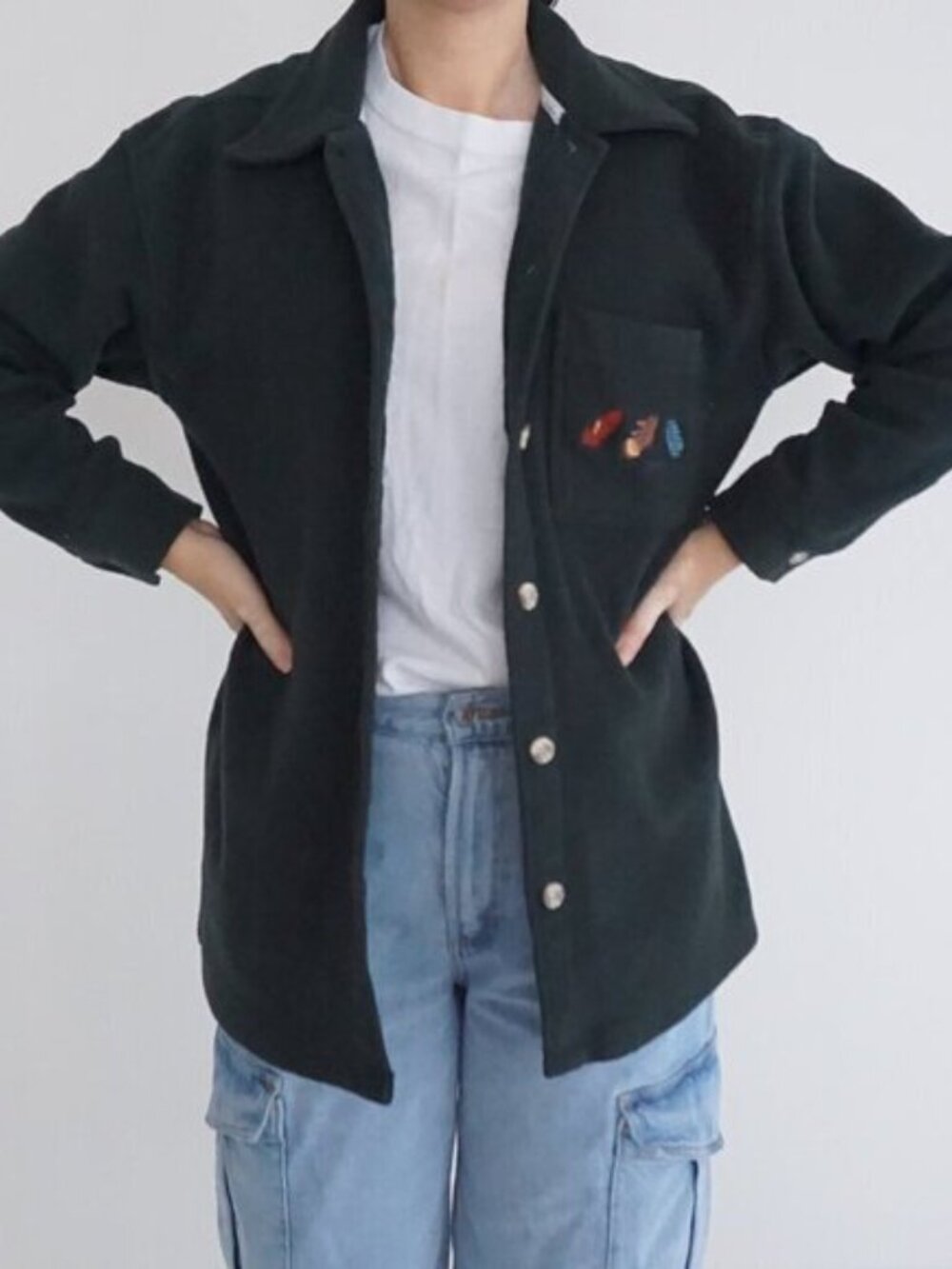 Vintage '90S Cherokee Hunter Green Embroidered Feathers Button Up Shacket S - Picture 2 of 10